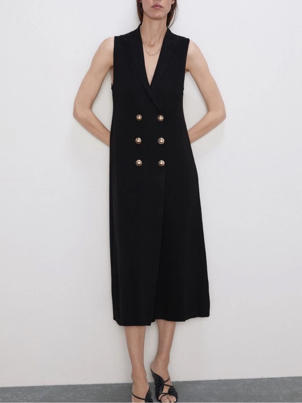 NWT Zara Knit Sleeveless Double-Breasted Black Midi Dress
